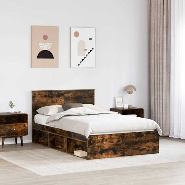 Voodiraam peatsiga, suitsutatud tamm, 120 × 200 cm, tehispuit — mudel 3407908