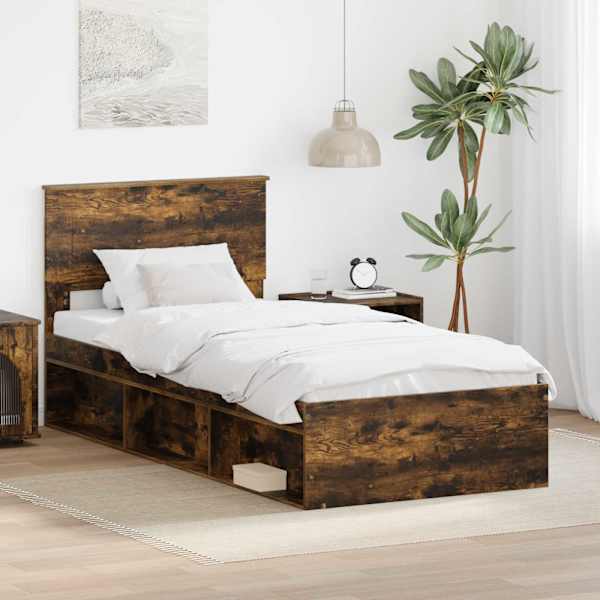 Voodiraam peatsiga, suitsutatud tamm, 100 × 200 cm, tehispuit — mudel 3407917