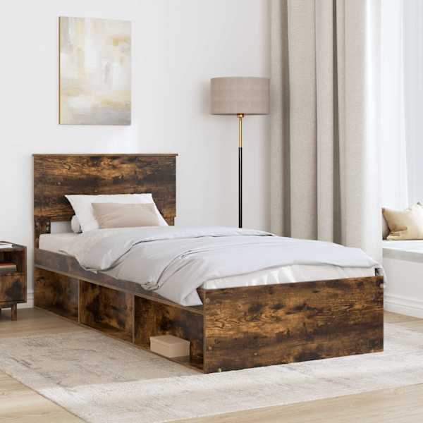 Voodiraam peatsiga, suitsutatud tamm, 100 × 200 cm, tehispuit — mudel 3407917