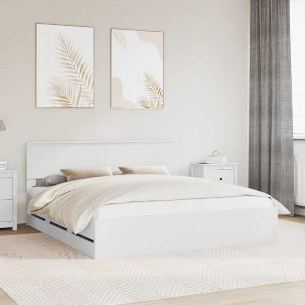 Sahtlitega voodiraam peatsiga, valge, 180 × 200 cm — mudel 3407956