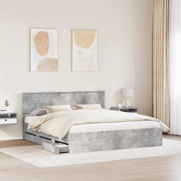 Sahtlitega voodiraam peatsiga, betoonhall, 180 × 200 cm — mudel 3407959
