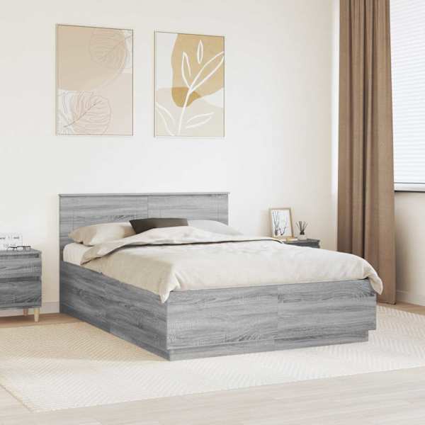 Voodiraam peatsiga, hall sonoma, 160 × 200 cm, tehispuit — mudel 3408150
