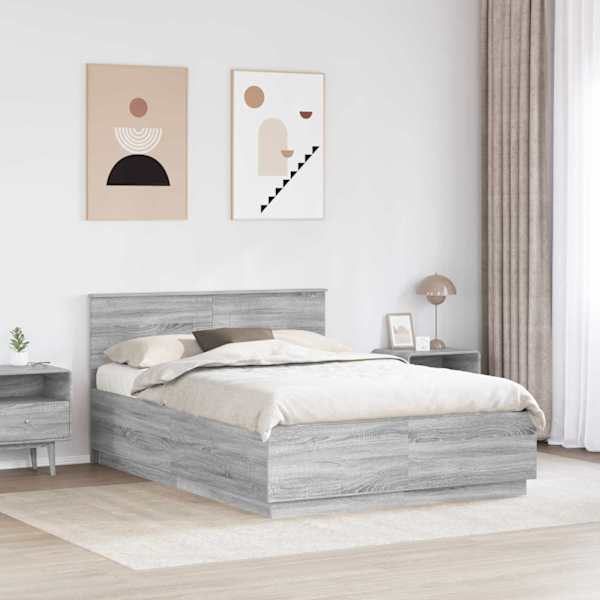 Voodiraam peatsiga, hall sonoma, 160 × 200 cm, tehispuit — mudel 3408150