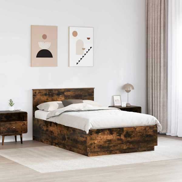 Voodiraam peatsiga, suitsutatud tamm, 135 × 190 cm, tehispuit — mudel 3408177