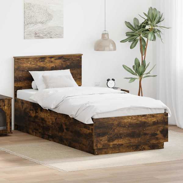 Voodiraam peatsiga, suitsutatud tamm, 90 × 200 cm, tehispuit — mudel 3408212