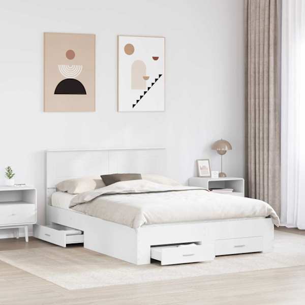 Sahtlitega voodiraam peatsiga, valge, 160 × 200 cm, tehispuit — mudel 3408238