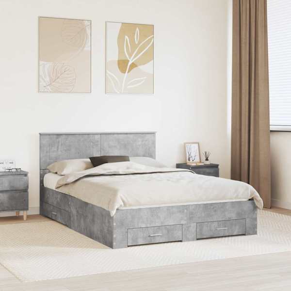 Sahtlitega voodiraam peatsiga, betoonhall, 140 × 190 cm, tehispuit — mudel 3408257