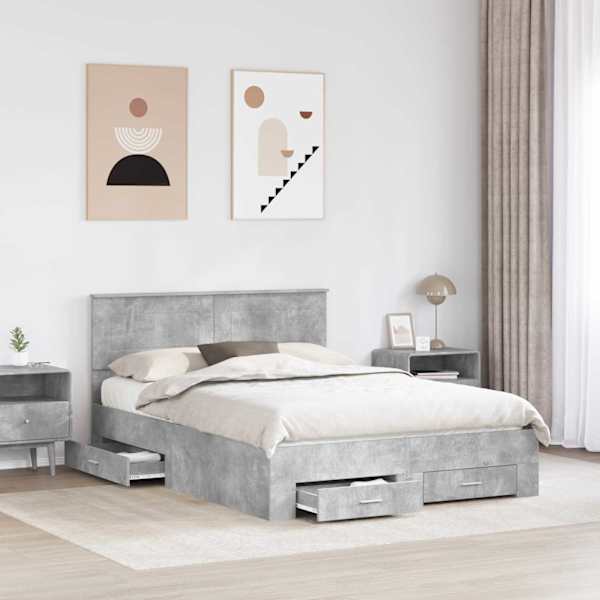 Sahtlitega voodiraam peatsiga, betoonhall, 140 × 190 cm, tehispuit — mudel 3408257