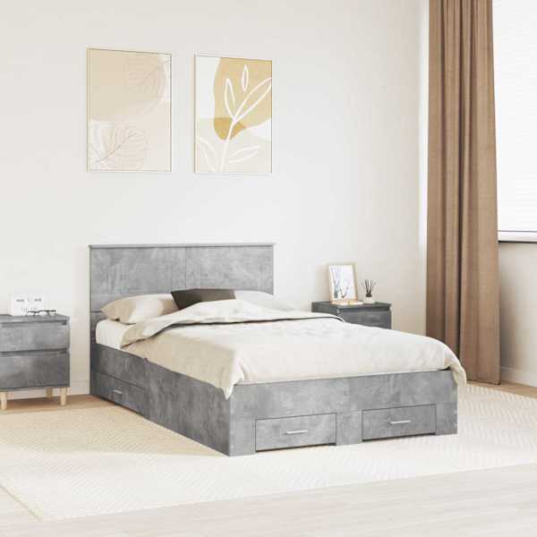 Sahtlitega voodiraam peatsiga, betoonhall, 135 × 190 cm, tehispuit — mudel 3408275