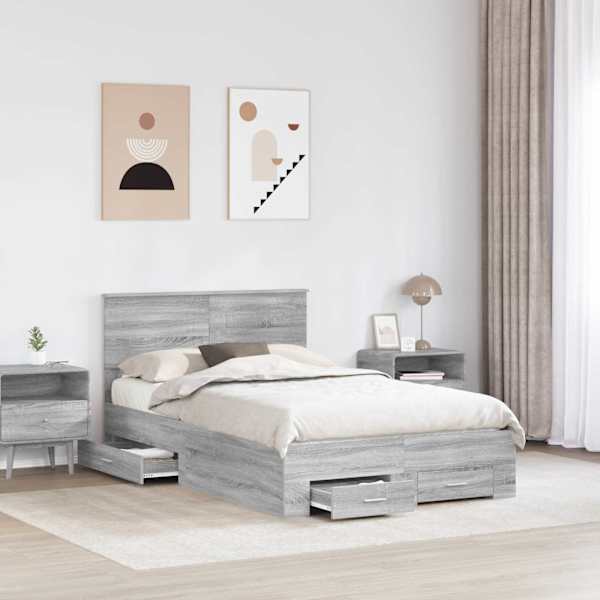Voodiraam peatsiga, hall sonoma, 135 × 190 cm, tehispuit — mudel 3408277