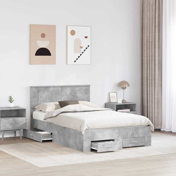 Sahtlitega voodiraam peatsiga, betoonhall, 120 × 190 cm, tehispuit — mudel 3408284