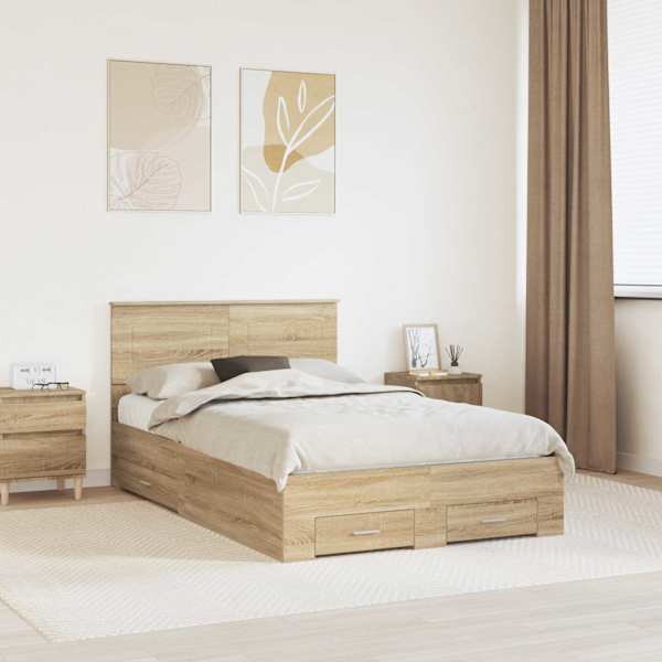 Sahtlitega voodiraam peatsiga, sonoma tamm, 120 × 200 cm, tehispuit — mudel 3408292