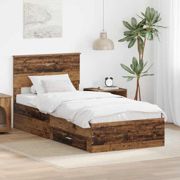 Sahtlitega voodiraam peatsiga, vana puit, 90 × 200 cm, tehispuit — mudel 3408324