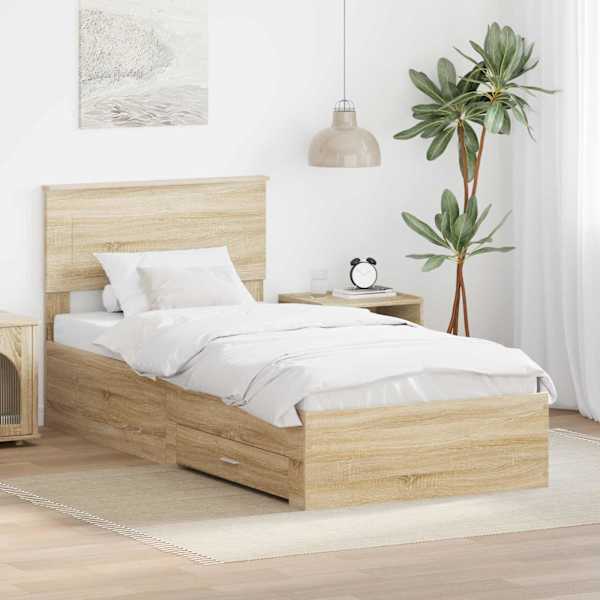 Sahtlitega voodiraam peatsiga, sonoma tamme ja hõbe, 75 × 190 cm, tehispuit — mudel 3408328