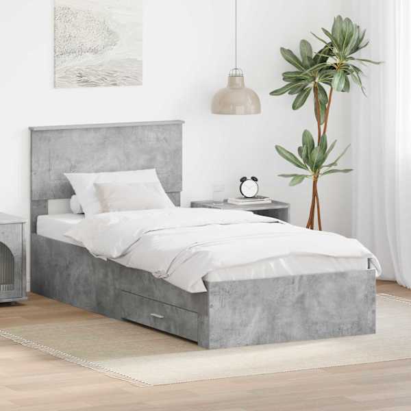 Sahtlitega voodiraam peatsiga, betoonhall ja hõbe, 75 × 190 cm, tehispuit — mudel 3408329