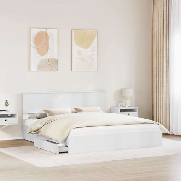 Sahtlitega voodiraam peatsiga, valge, 180 × 200 cm, tehispuit