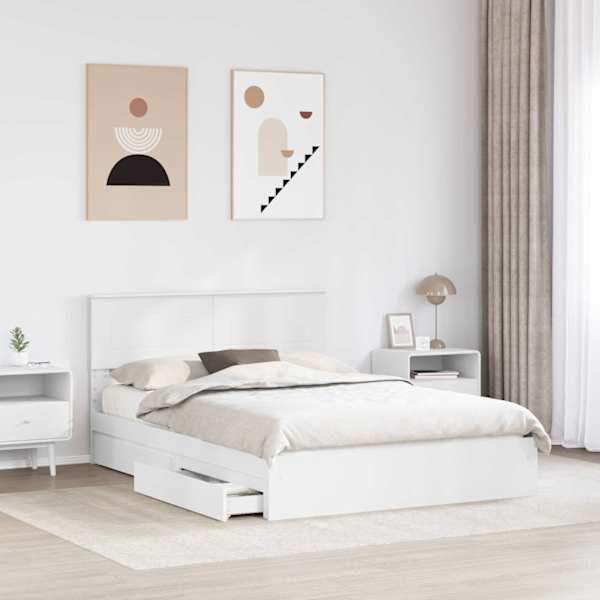 Sahtlitega voodiraam peatsiga, valge, 140 × 200 cm, tehispuit — mudel 3408459