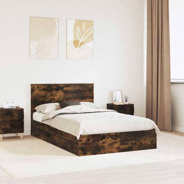 Sahtlitega voodiraam peatsiga, suitsutatud tamm, 135 × 190 cm, tehispuit — mudel 3408470