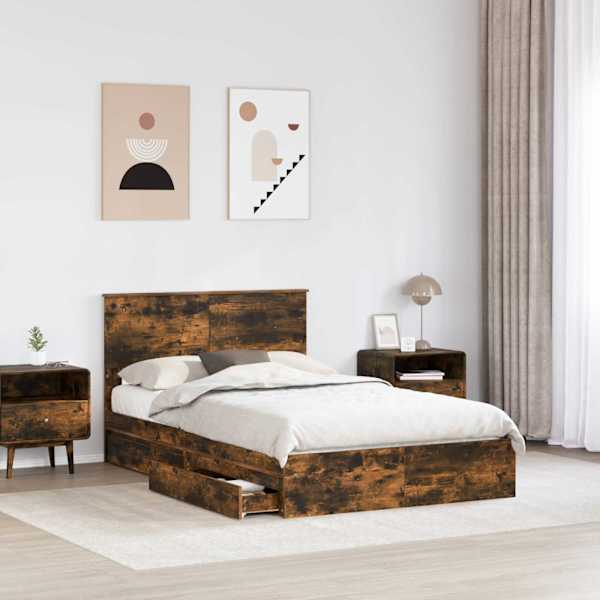 Sahtlitega voodiraam peatsiga, suitsutatud tamm, 135 × 190 cm, tehispuit — mudel 3408470