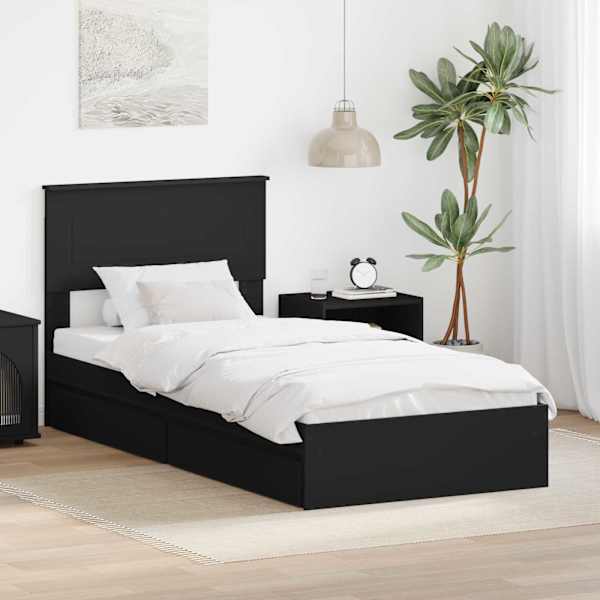 Sahtlitega voodiraam peatsiga, must, 90 × 190 cm, tehispuit — mudel 3408495