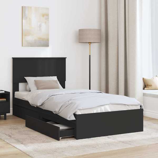 Sahtlitega voodiraam peatsiga, must, 90 × 190 cm, tehispuit — mudel 3408495