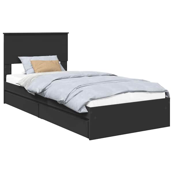 Sahtlitega voodiraam peatsiga, must, 90 × 190 cm, tehispuit — mudel 3408495