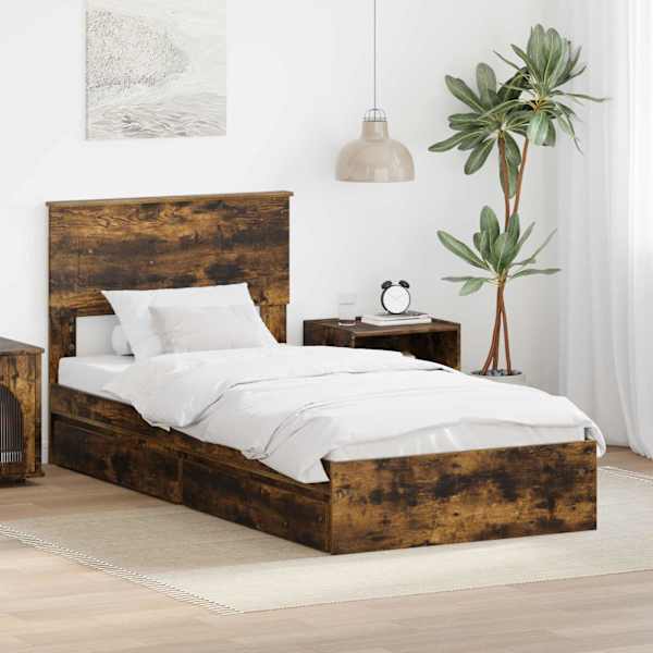Sahtlitega voodiraam peatsiga, suitsutatud tamm, 90 × 190 cm, tehispuit — mudel 3408498