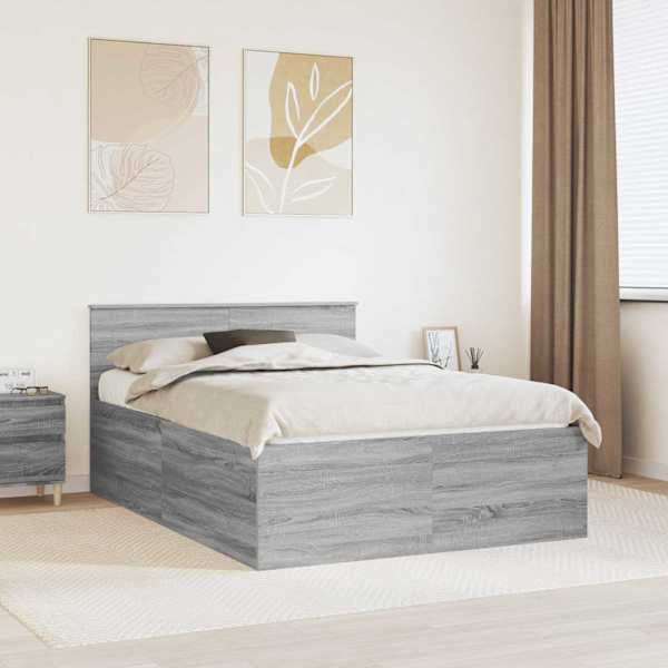 Voodiraam peatsiga, hall sonoma, 150 × 200 cm, tehispuit — mudel 3408569