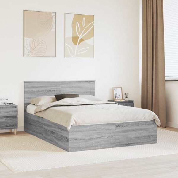 Voodiraam peatsiga, hall sonoma, 150 × 200 cm, tehispuit — mudel 3408660