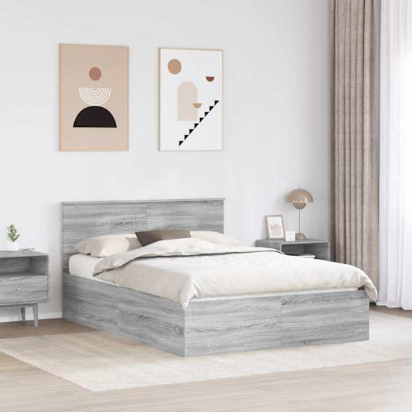 Voodiraam peatsiga, hall sonoma, 150 × 200 cm, tehispuit — mudel 3408660