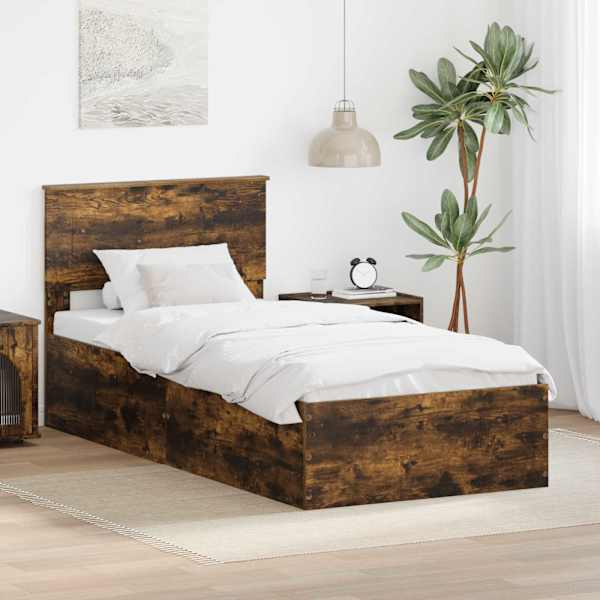 Voodiraam peatsiga, suitsutatud tamm, 75 × 190 cm, tehispuit — mudel 3408722