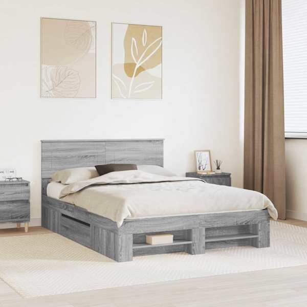 Voodiraam peatsiga, hall sonoma, 150 × 200 cm, tehispuit — mudel 3408751