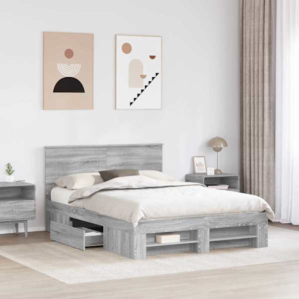 Voodiraam peatsiga, hall sonoma, 150 × 200 cm, tehispuit — mudel 3408751