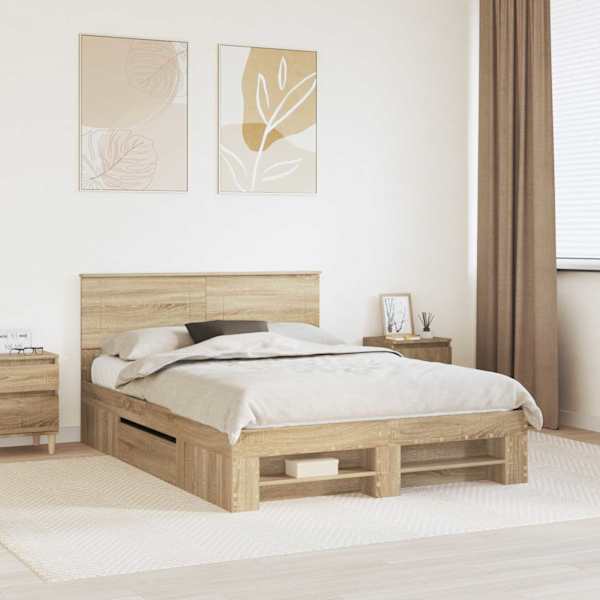 Voodiraam peatsiga, sonoma tamm, 140 × 200 cm, tehispuit — mudel 3408755
