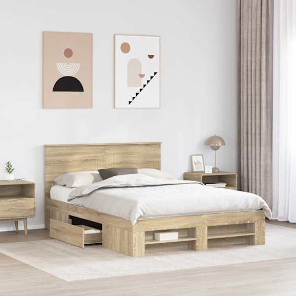Voodiraam peatsiga, sonoma tamm, 140 × 200 cm, tehispuit — mudel 3408755