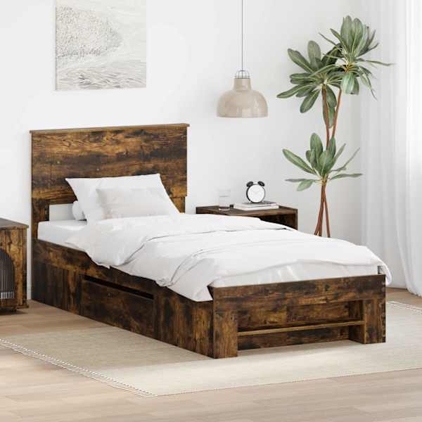 Voodiraam peatsiga, suitsutatud tamm, 90 × 200 cm, tehispuit — mudel 3408806