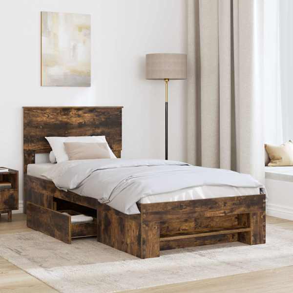 Voodiraam peatsiga, suitsutatud tamm, 90 × 200 cm, tehispuit — mudel 3408806