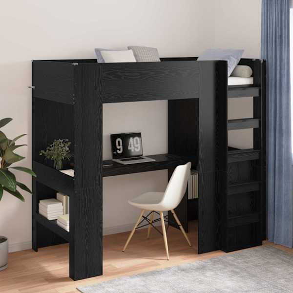 Narivoodiraam riiuliga, must tamm, 90 × 200 cm, tehispuit — mudel 3410452