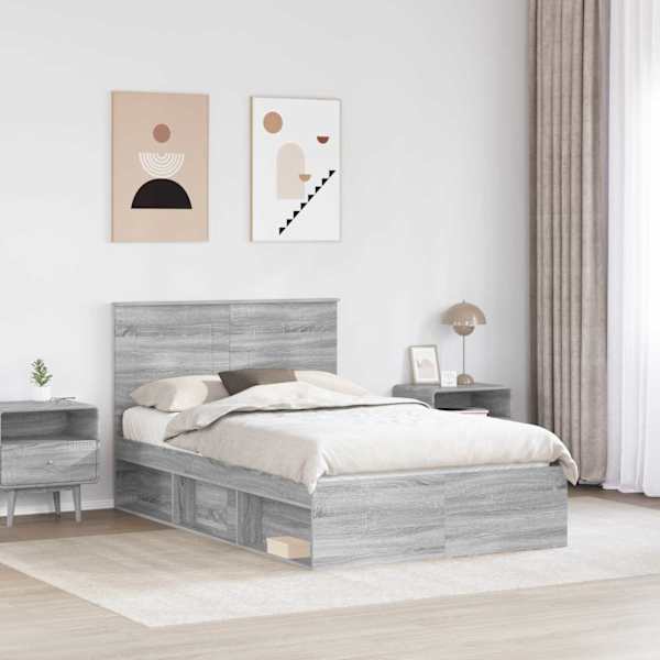 Voodiraam peatsiga, hall sonoma, 135 × 190 cm, männipuit — mudel 3409368