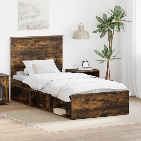 Voodiraam peatsiga, suitsutatud tamm, 90 × 200 cm, männipuit — mudel 3409412
