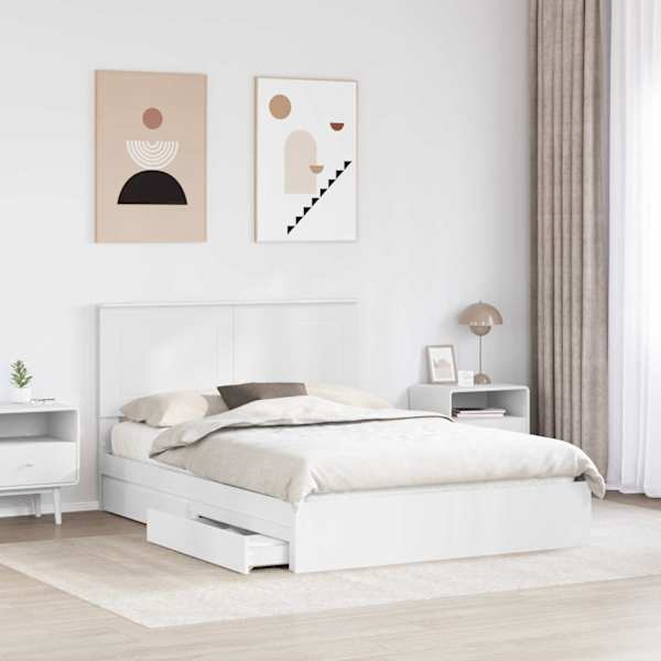 Sahtlitega voodiraam peatsiga, valge, 140 × 200 cm, tehispuit — mudel 3409552