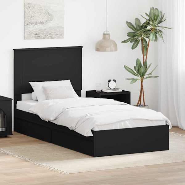 Sahtlitega voodiraam peatsiga, must, 90 × 190 cm, tehispuit — mudel 3409588