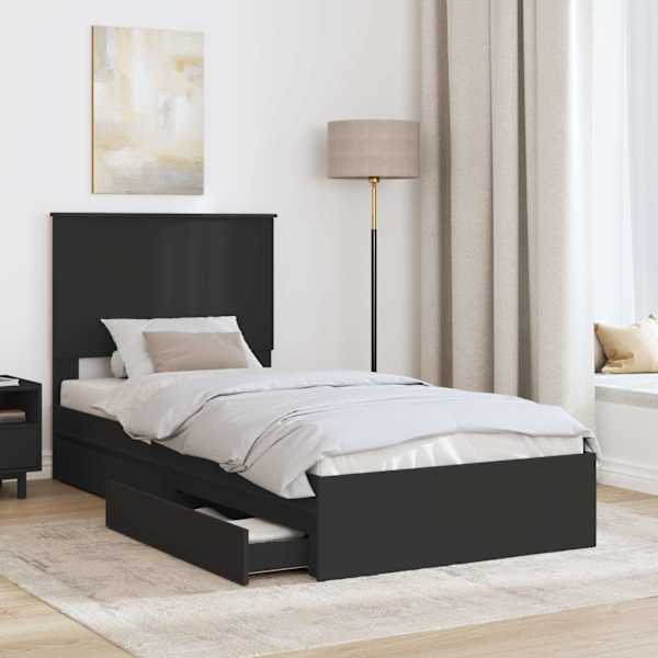 Sahtlitega voodiraam peatsiga, must, 90 × 190 cm, tehispuit — mudel 3409588