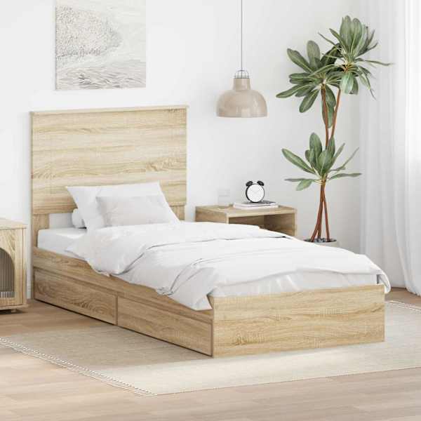 Sahtlitega voodiraam peatsiga, sonoma tamm, 90 × 190 cm, tehispuit — mudel 3409589