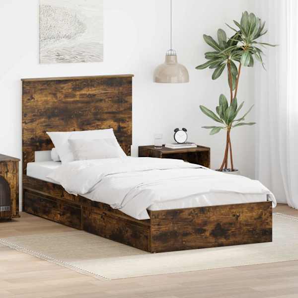 Sahtlitega voodiraam peatsiga, suitsutatud tamm, 90 × 200 cm, tehispuit — mudel 3409598