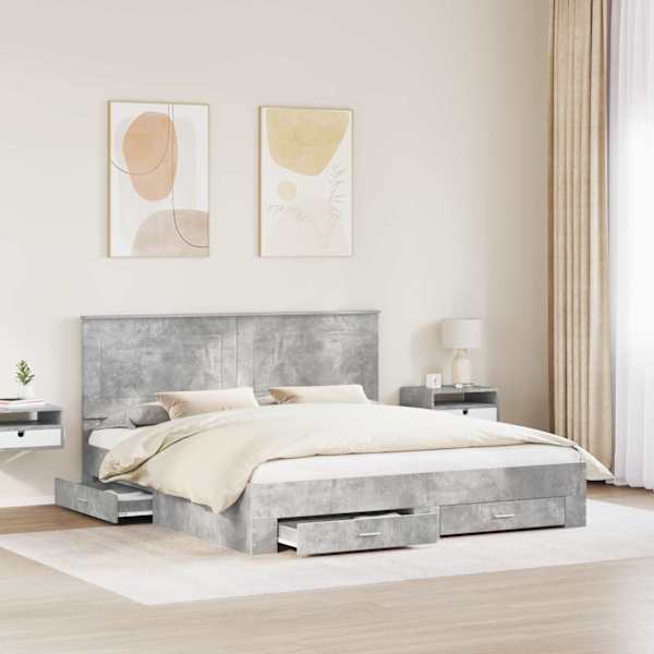 Sahtlitega voodiraam peatsiga, betoonhall, 180 × 200 cm, tehispuit — mudel 3409618