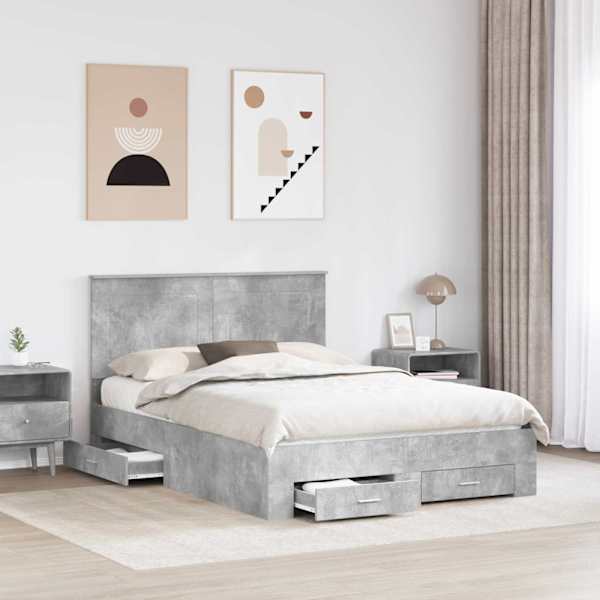 Sahtlitega voodiraam peatsiga, betoonhall, 140 × 190 cm, tehispuit — mudel 3409643