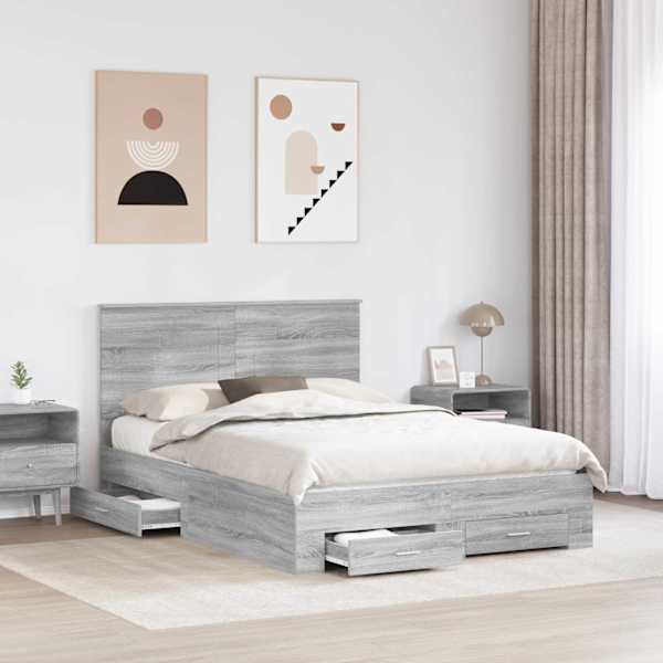 Voodiraam peatsiga, hall sonoma, 140 × 190 cm, tehispuit — mudel 3409645