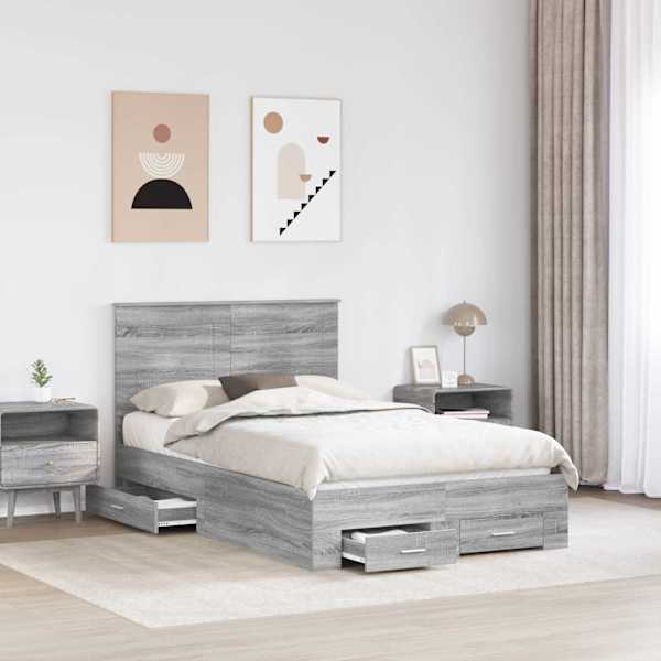Voodiraam peatsiga, hall sonoma, 135 × 190 cm, tehispuit — mudel 3409663