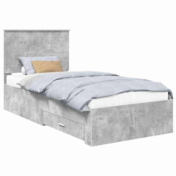 Sahtlitega voodiraam peatsiga, betoonhall, 90 × 200 cm, tehispuit — mudel 3409706
